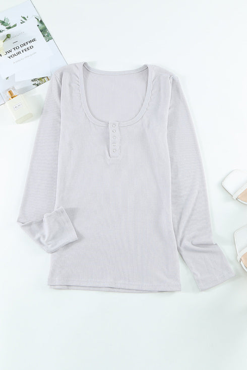 U Neck Button Knit Long Sleeve Top